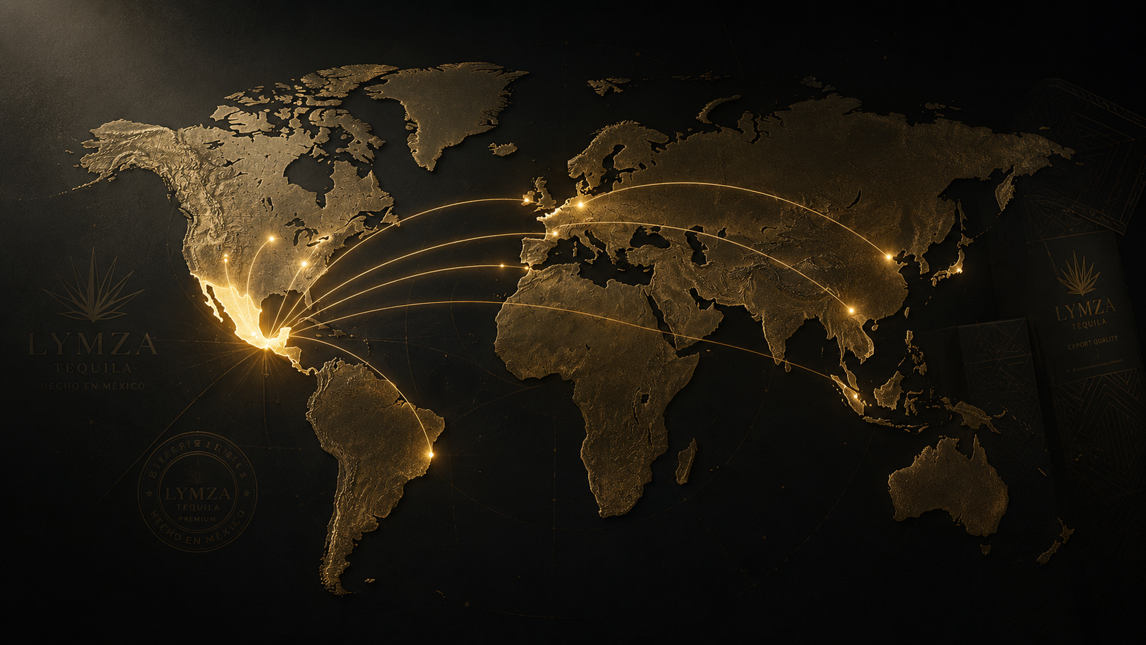 Mapa global de exportación LYMZA Tequila — distribución internacional desde Jalisco México